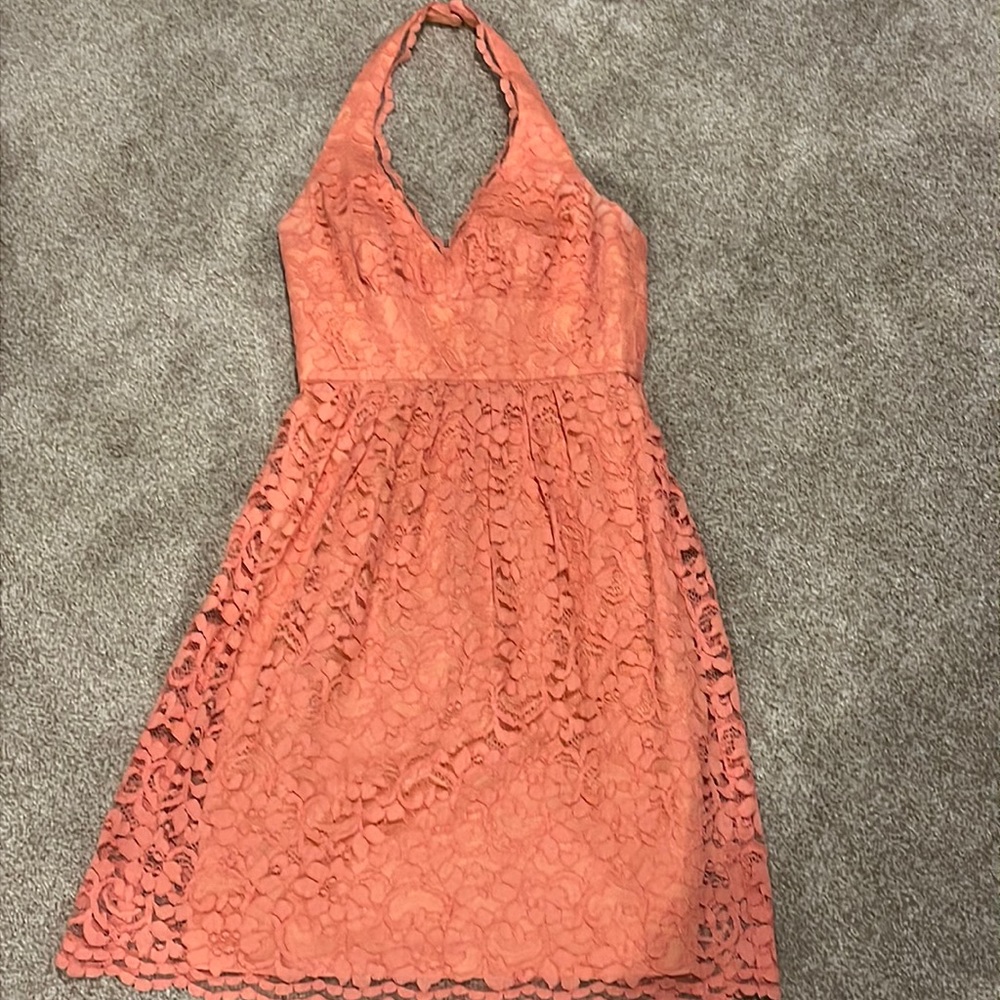 David's Bridal Floral Lace Coral Halter Dress